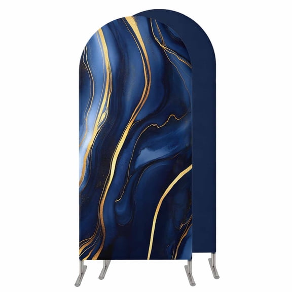 Marble Navy Blue Arch Backdrop Cover 7.2 FT,Spandex Wedding Arch Stand Covers Stretchy Backdrop,Modern Golden Ombre Retro Fluid Art Round Top Party Arched Background for Birthday Event Baby Shower