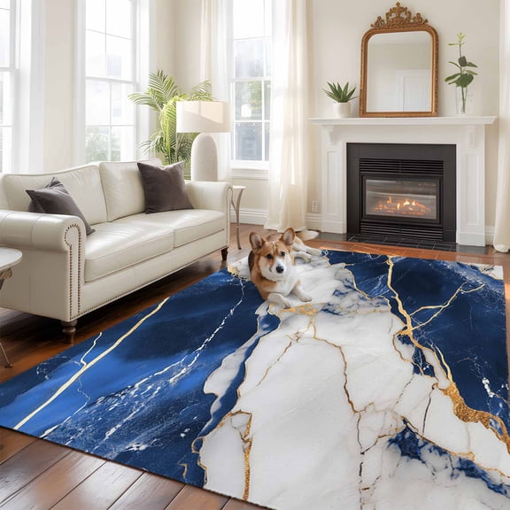 Marble Navy Blue Area Rug 5x7 FT, Non Slip Bedroom Throw Carpet, Abstract Gold White Brick Stone Motif Washable Soft Floor Carpet Non-Shedding Rug for Dining Room Bedside Classroom Desk