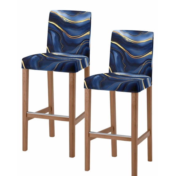 Marble Navy Blue Bar Stool Covers Set of 2, Modern Golden Ombre Retro Fluid Art Stretch Washable Bar Chair Covers with Backs, Removable Pub Counter Height Chair Cover for Kitchen Dining Room Cafe