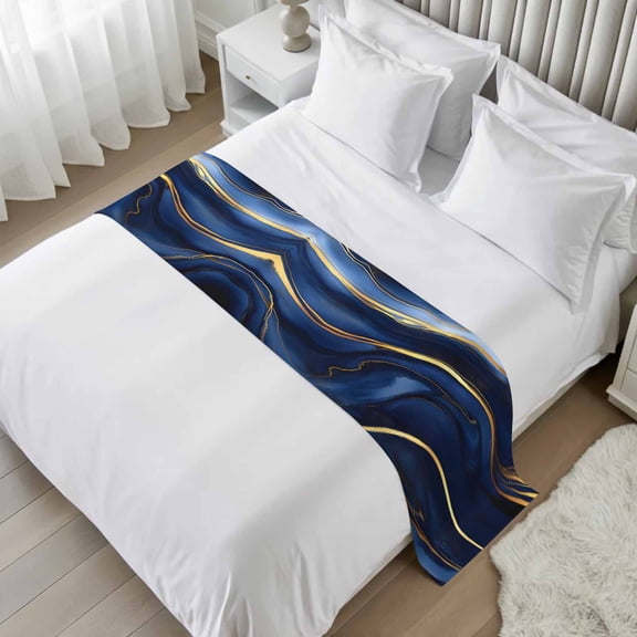 Marble Navy Blue Bed Runner, Satin Bed Throw Runner for Queen Size Beds, Modern Golden Ombre Retro Fluid Art Decorative Bedding Scarf for Bedroom Hotel Wedding Room Guestrooms 94"x20"