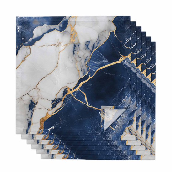 Marble Navy Blue Cloth Napkins, Abstract Gold White Brick Stone Motif Washable and Reusable Dinner Napkins Set of 6, Table Napkin for Kitchen Party Birthday Wedding Hotel Housewarming 20"x20"