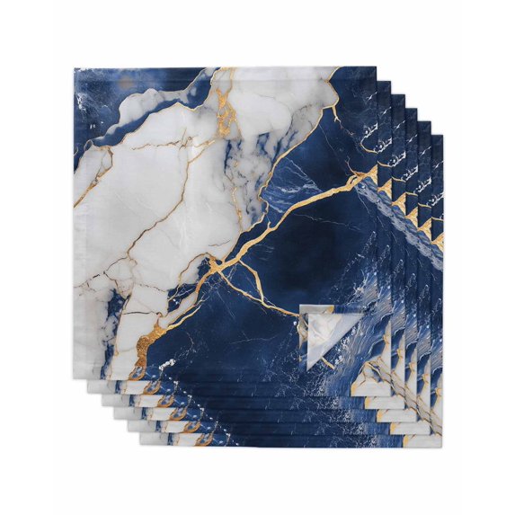Marble Navy Blue Cloth Napkins Set of 6 Reusable Dinner Napkins, Abstract Gold White Brick Stone Motif Cocktail Napkin Washable Table Napkins for Wedding/Holiday Party/Baby Shower 20"x20"