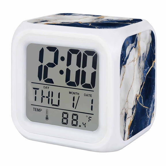 Marble Navy Blue Digital Alarm Clock for Bedrooms,Smart LED Alarm Clock with 7 Color Changing Night Light,Abstract Gold White Brick Stone Motif Silent Wake Up Clocks for Sleep Study Cooking 3.2"x3.2"