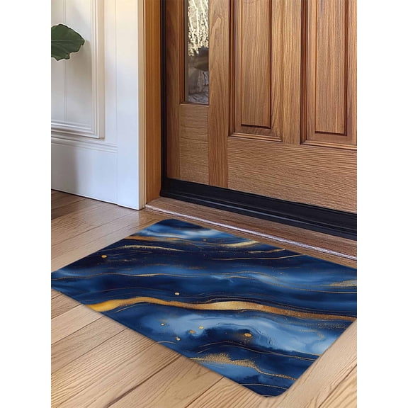 Marble Navy Blue Door Mat&nbsp;Indoor Outdoor Entrance, Non Slip Small Rug for Kitchen Bathroom Entryway Rug, Abstract Cracked Gold Glitter Wavy Washable Doormat Floor Mat 16x24 Inch