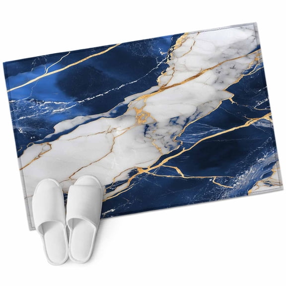 Marble Navy Blue Entryway Rug 2x3 Area Rug Washable Indoor Doormat Small Bathroom Rugs Low Pile Accent Throw Rugs Abstract Gold White Brick Stone Motif Floor Carpet for Kitchen Bedroom Entrance