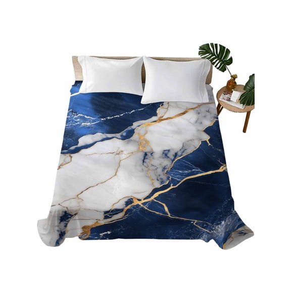 Marble Navy Blue Flat Sheet Only Twin Size, Soft Breathable Bed Top Sheets for Mattress, Abstract Gold White Brick Stone Motif Luxury Bedding Flat Sheets for Home Hotel Bedroom Bed Protection