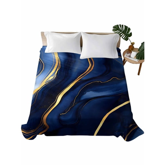 Marble Navy Blue Flat Sheets Only King Size, Soft Breathable Bed Top Sheets for Mattress, Modern Golden Ombre Retro Fluid Art Luxury Bedding Flat Sheets for Home Hotel Bedroom Bed Protection