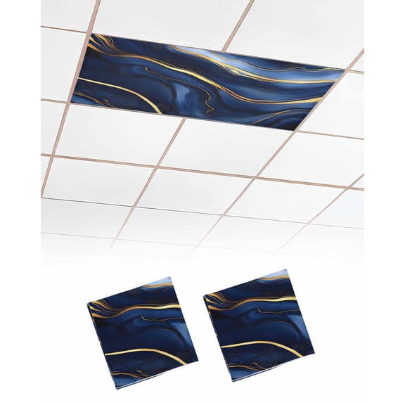 Marble Navy Blue Fluorescent Light Covers for Ceiling Lights 4x2 feet,2 Pack Magnetic Light Filters for Classroom,Modern Golden Ombre Retro Fluid Art Fluorescent Light Shade Panel for Office School