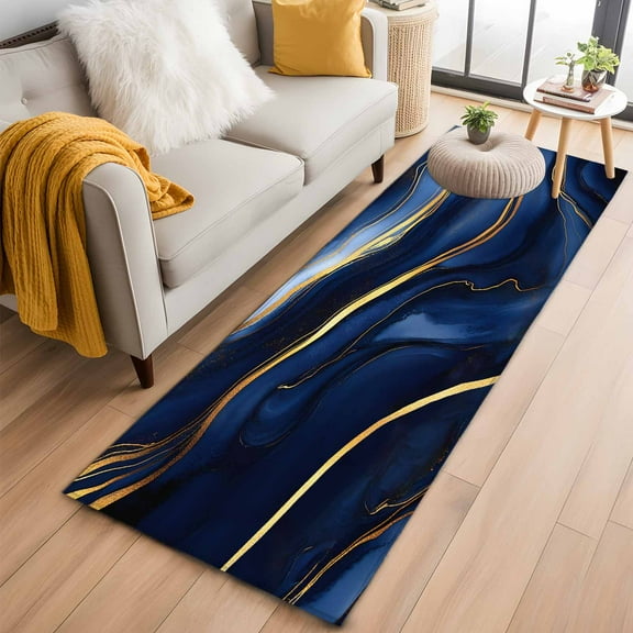 Marble Navy Blue Kitchen Runner Rug 2x6 Washable Runners for Hallway Non Slip Modern Golden Ombre Retro Fluid Art Large Area Rug Indoor Floor Carpet for Bathroom Laundry Entryway Bedroom Living Room