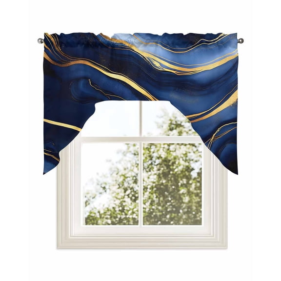 Marble Navy Blue Kitchen Swag Valance for Window,Rod Pocket Short Kitchen Curtains 36 Inch Length,Modern Golden Ombre Retro Fluid Art Swag Topper Small Window Treatment for Cafe Bathroom Bedroom