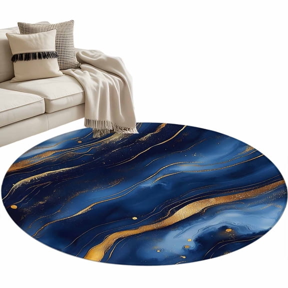 Marble Navy Blue Large Area Rugs for Bedroom Living Room, Soft Non Slip Carpet Bedside Rug, Abstract Cracked Gold Glitter Wavy Round Floor Cover Kitchen Accent Rug 4' for Dining Room/Office