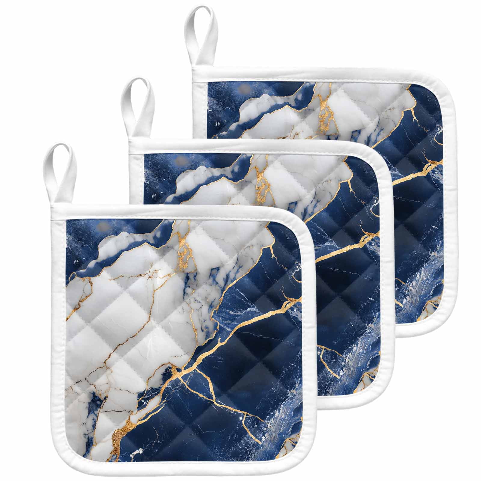 Marble Navy Blue Pot Holders for Kitchen Heatproof Potholder, 3 Pack Abstract Gold White Brick Stone Motif Hot Pads Multipurpose Oven Pads Cloth Potholders Trivet for Cooking Baking