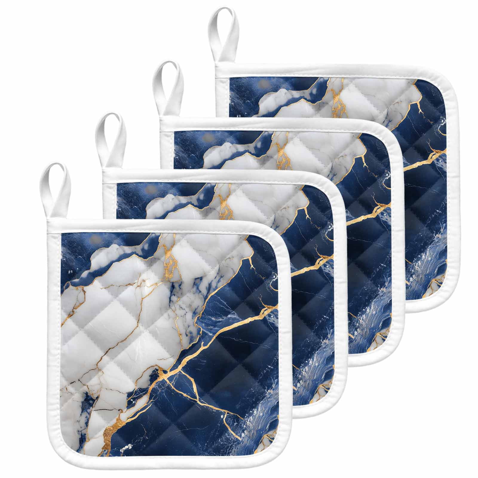 Marble Navy Blue Pot Holders for Kitchen Heatproof Potholder, 4 Pack Abstract Gold White Brick Stone Motif Hot Pads Multipurpose Oven Pads Cloth Potholders Trivet for Cooking and Baking