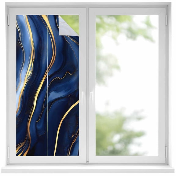 Marble Navy Blue Privacy Window Film, Decorative Frosted Glass Window Film, Modern Golden Ombre Retro Fluid Art Reusable Peel and Stick Static Cling for Home Bathroom Office Glass Door 17.7"x39.3"