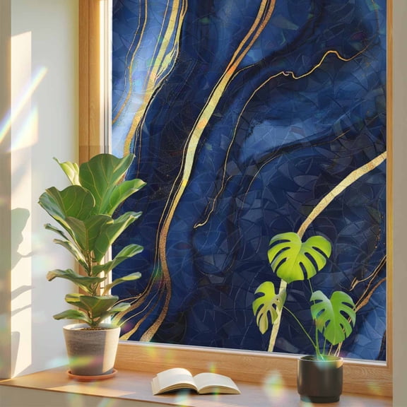 Marble Navy Blue Privacy Window Film, Decorative Stained Glass Window Film, Modern Golden Ombre Retro Fluid Art Resuable Rainbow Static Cling for Home Bathroom Living Room Glass Door 23.6"x59"