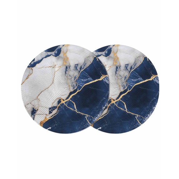 Marble Navy Blue Round 15 Inch Placemats Set of 2, Abstract Gold White Brick Stone Motif HeatResistant Non Slip Place Mats for Dining Table, Wipeable Braided Kitchen Table Mats for Housewarming