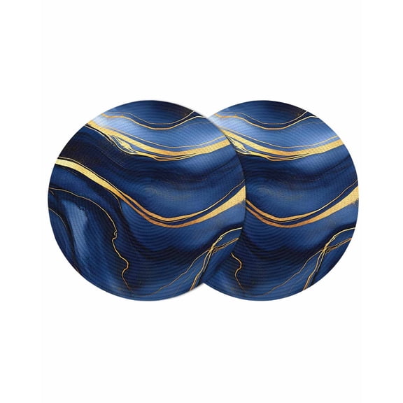 Marble Navy Blue Round 15 Inch Placemats Set of 2, Modern Golden Ombre Retro Fluid Art HeatResistant Non Slip Place Mats for Dining Table, Wipeable Braided Kitchen Table Mats for Housewarming