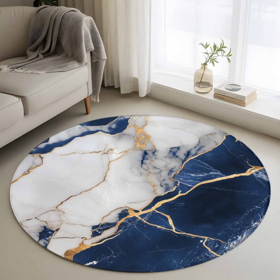 Marble Navy Blue Round Area Rug 3.3 FT, Non Slip Small Entryway Kitchen Mat, Abstract Gold White Brick Stone Motif Washable Soft Circular Rug Non-Shedding Door Mat for Bathroom Playroom Kids Room