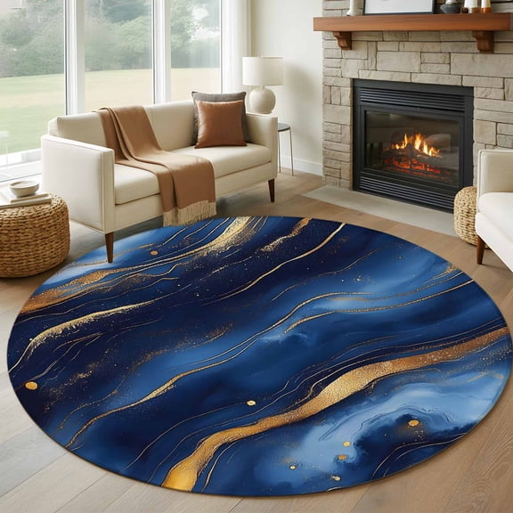 Marble Navy Blue Round Area Rug 6 FT, Non Slip Bedroom Area Rug, Abstract Cracked Gold Glitter Wavy Washable Soft Circular Carpet Non-Shedding Floor Mat for Kitchen Dining Room Home Office Kids Room