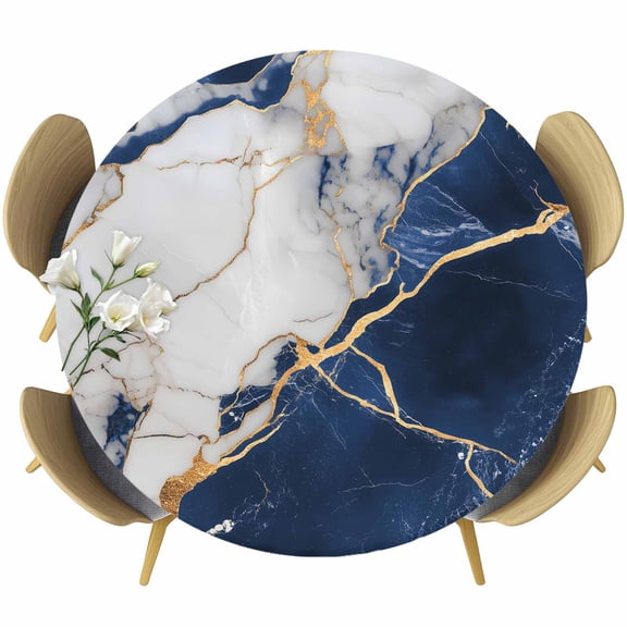Marble Navy Blue Round Tablecloth, Fitted Table Cover with Elastic for 36"-44" Round Tables, Abstract Gold White Brick Stone Motif Table Cloth Outdoor Indoor Dinning Party Waterproof Tablecloths