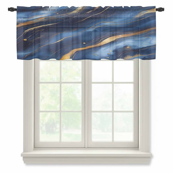 Marble Navy Blue Sheer Curtains Valances for Windows Abstract Cracked Gold Glitter Wavy Chiffon Kitchen Valances for Cafe, Rod Pocket Voile Window Treatments Curtains for Living Room Bedroom, 42"x12"