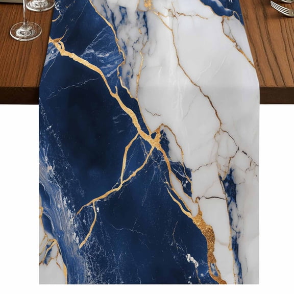 Marble Navy Blue Short Table Runner 36 Inches Long,Abstract Gold White Brick Stone Motif Cotton Linen Table Runners Dresser Scarves,Tabletop Scarf Furniture Cover for Home Dinner Party Decor 13"x36"