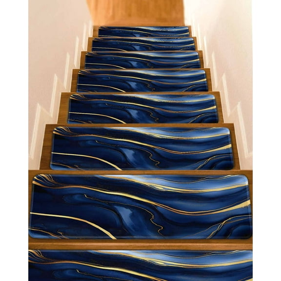 Marble Navy Blue Stair Treads for Wooden Steps Indoor Runner Rug Carpet, Modern Golden Ombre Retro Art 4 Pieces Peel and Stick Staircase Step Treads Covers Washable Throw Door Mats, 30"x8"