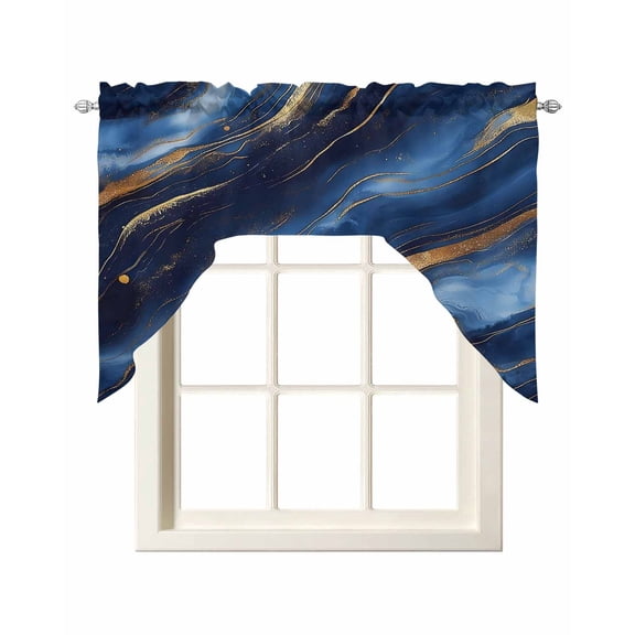 Marble Navy Blue Swag Curtains for Kitchen Abstract Cracked Gold Glitter Wavy Valances for Windows Rod Pocket Small Window Treatment Short Topper for Cafe Bedroom Bathroom Decor 56x36 Inch