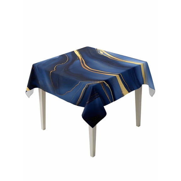 Marble Navy Blue Table Cloth, Modern Golden Ombre Retro Fluid Art Waterproof Tablecloth for Square Tables, Reusable Washable Fabric Table Cover for Restaurant Kitchen Dining Tables 60"x60"