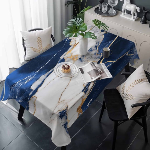 Marble Navy Blue Table Cloth Waterproof Tablecloths, Abstract Gold White Brick Stone Motif Tablecloth Dining Table Cover for Kitchen Party Tabletop Outdoor, Rectangle Tablecloth 60x120 Inch