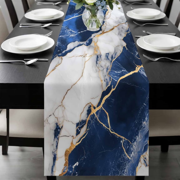 Marble Navy Blue Table Runner 48 Inches Long, Abstract Gold White Brick Stone Motif Kitchen Coffee Dining Table Decoration for Home Party Birthday Wedding Home Decor 13x48 Inches