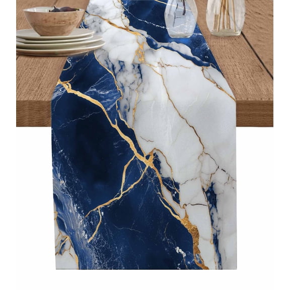 Marble Navy Blue Table Runner 72 Inch Long Dresser Scarves Cotton Linen Tablerunners Abstract Gold White Brick Stone Motif Dining Kitchen Burlap Table Setting Decor for Wedding Party Holiday, 13"x72"