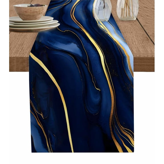 Marble Navy Blue Table Runner Modern Golden Ombre Retro Art Tablerunners 13 x 72 Inch, Table Decorations Tabletop Scarf for Summer Gathering Holiday Farmhouse Kitchen Dining Decor