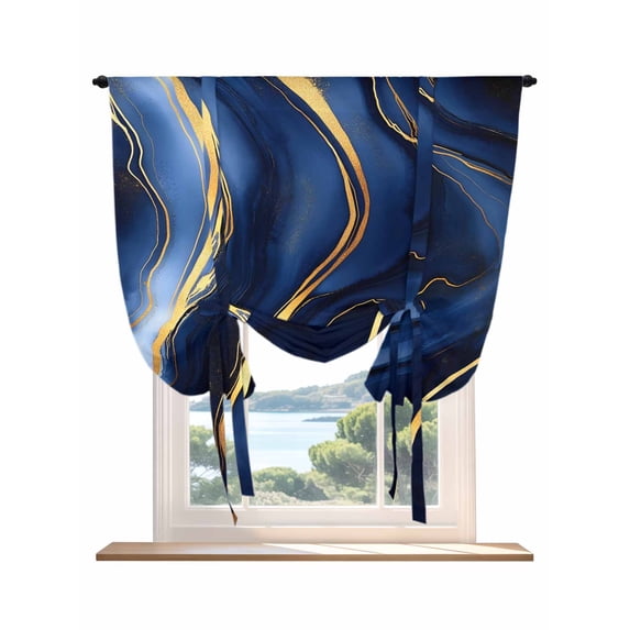 Marble Navy Blue Tie Up Curtains for Windows 63 Inch Length Balloon Curtains Kitchen Adjustable Balloon Window Shade Modern Golden Ombre Retro Fluid Art Tie Up Valance Bathroom Curtain Window 42"x63"