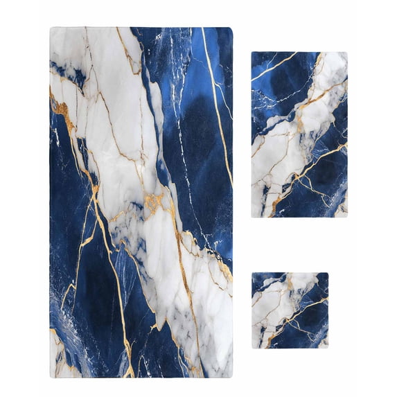 Marble Navy Blue Towel Set of 3, Soft Microfiber Bath Towels, Hand Towel, Washcloths, Abstract Gold White Brick Stone Motif Quick-Dry Absorbent Towels for Bathroom Kitchen Hotel Beach Gym Spa