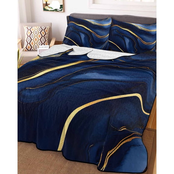 Marble Navy Blue Twin Size Down Alternative Comforter, Lightweight Comforter Quilt Bedding Set with Pillow Shams Modern Golden Ombre Retro Fluid Art All Seasons Bed Comforter Duvet Insert 68"x86"
