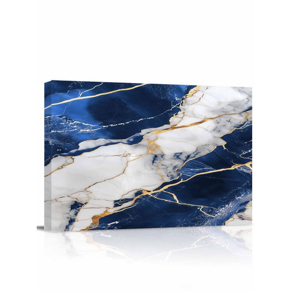Marble Navy Blue Wall Art for Living Room,Canvas Picture Wall Decor for Bathroom Bedroom,Abstract Gold White Brick Stone Motif Painting Artwork for Office Kitchen Hallway Dining Room Decor 20"x24"