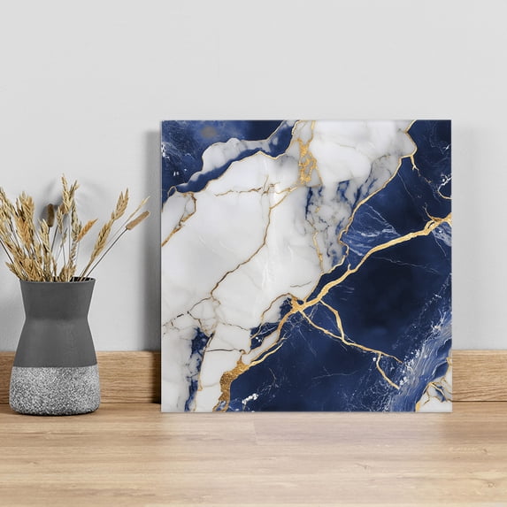 Marble Navy Blue Wall Art Painting on Canvas, Abstract Gold White Brick Stone Motif Canvas Art Home Prints Wall Art Framed Modern Artwork for Living Room Bedroom Wall Decor 16x16in