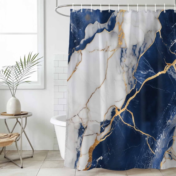 Marble Navy Blue Waterproof Fabric Shower Curtain,Abstract Gold White Brick Stone Motif Waterproof Fabric Shower Curtain for Bathroom Curtains Bathtubs Shower Curtains with 12 Hooks Stall 48x72in