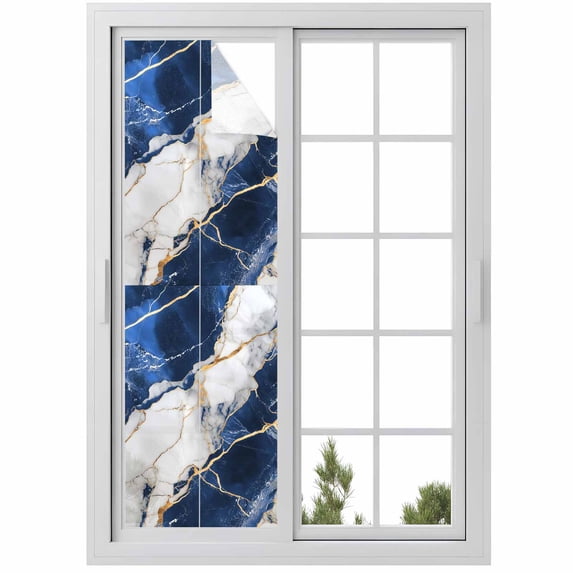Marble Navy Blue Window Privacy Film, Abstract Gold White Brick Stone Motif Static Cling UV Sun Blocking Heat Control Window Tint, Non-Adhesive One Way Windows Privacy Cover 17.7''x78.7''