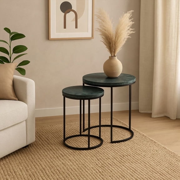 Marble Nesting Coffee Table Set Of 2, Grey Metal Frame & Green Marble Top