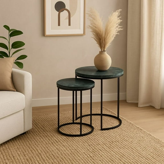 Marble Nesting Coffee Table Set of 2 with Metal Frame - Green