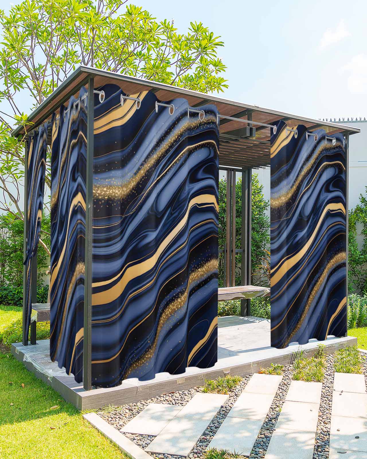 Marble Outdoor Curtains for Patio, Navy Blue Modern Abstract Gold Gradual Art Privacy Drapes Grommet Waterproof Outside Curtains for Porch/Cabana/Balcony 54"x 108", 1 Panel