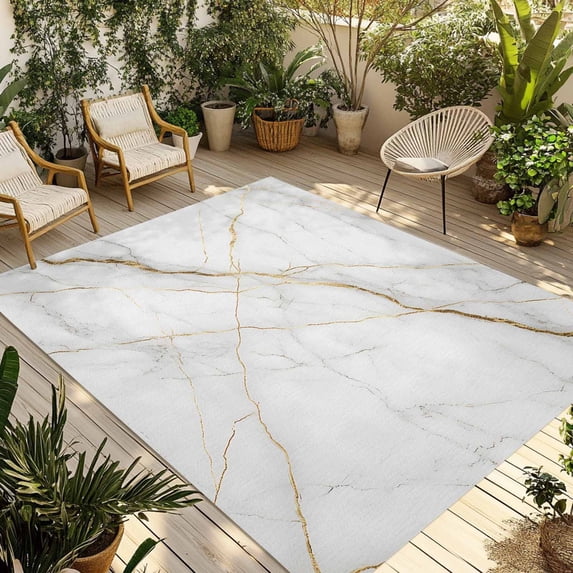 Marble Outdoor Rug 6x9 Ft - Reversible Patio Rug Outdoor Camping Rugs, Grey Golden Crack Minimalistic Abstract Washable Indoor Outdoor Area Rugs, Non-Slip Outdoor Carpet Runner for Deck/Porch