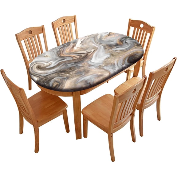 Marble Oval Fitted Tablecloth, Retro Marbling Texture Elastic Edged Table Covers, Sand Brown Wrinkle Resistant Table Cloths for Kitchen Dining, Party, Holiday, Buffet, Fits to 48" x 68" Oval Table