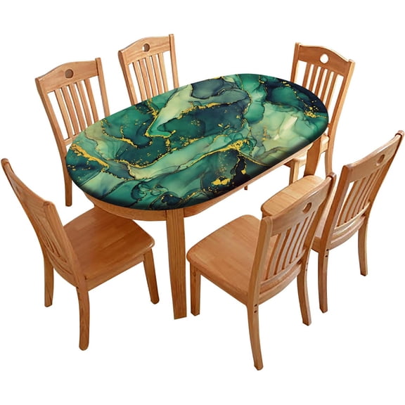 Marble Oval Table Cloth, Teal Jade Gold Marble Elastic Fitted Table Cover, for Indoor/Outdoor Patio and Kitchen Dining Decor, Fits to 48*6848" x 68" Oval Table