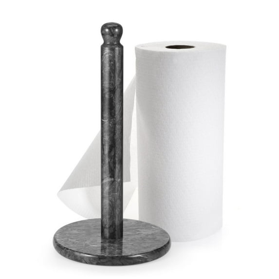 Marble Paper Towel Holder 12 inch (Black Marble) Kitchen Paper Towels Roll Dispenser Stand Rack with Marble Pole and Weight Base for Countertop Tables Home Dining Bathroom Storage