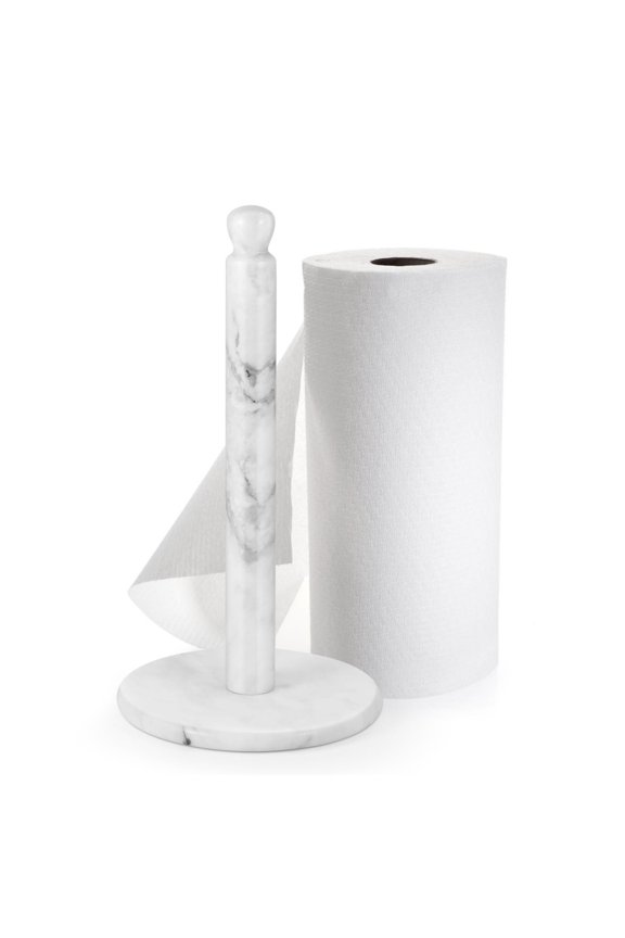 Marble Paper Towel Holder 12 inch (White Marble) Kitchen Paper Towels Roll Dispenser Stand Rack with Marble Pole and Weight Base for Countertop Tables Home Dining Bathroom Storage