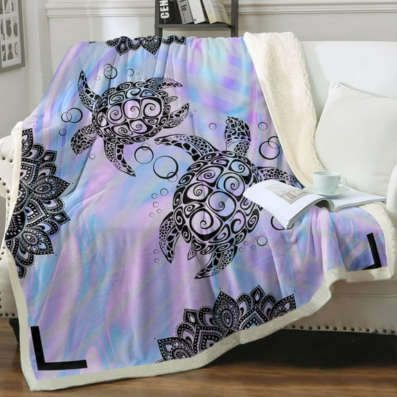 Marble Pastel Sea Turtle Sherpa Blanket for Kids Girls Boys Purple Mandala Turtle Fleece Throw Blanket for Bed Sofa, Baby(30"x40")