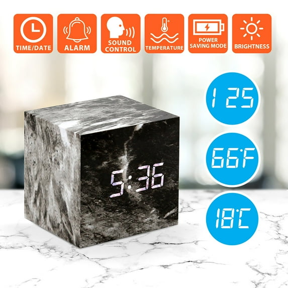 Marble Pattern Alarm Clock Fashion Multi-function LED Desk Alarm Clock with Snooze and USB Power Supply Voice Control Timer Thermometer - Black